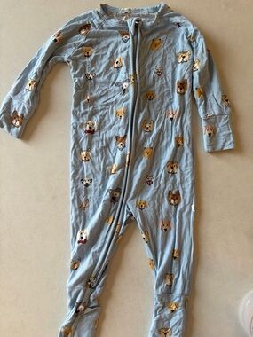 Light Blue Zipper Bamboo with Dog Faces 3/6m